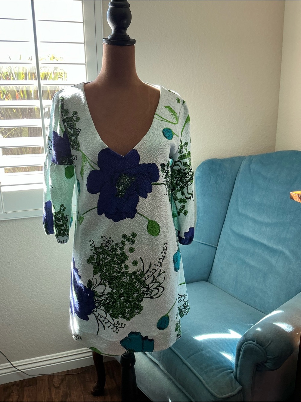 Deletta Anthropologie Floral Tunic Top - Blue & Green Print